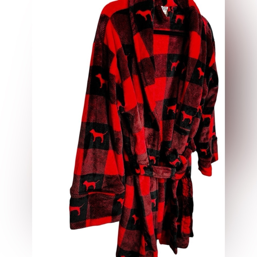 Victoria's Secret PINK Buffalo Plaid Plush Soft Cozy Robe Cabincore Size M/L - Picture 3 of 11